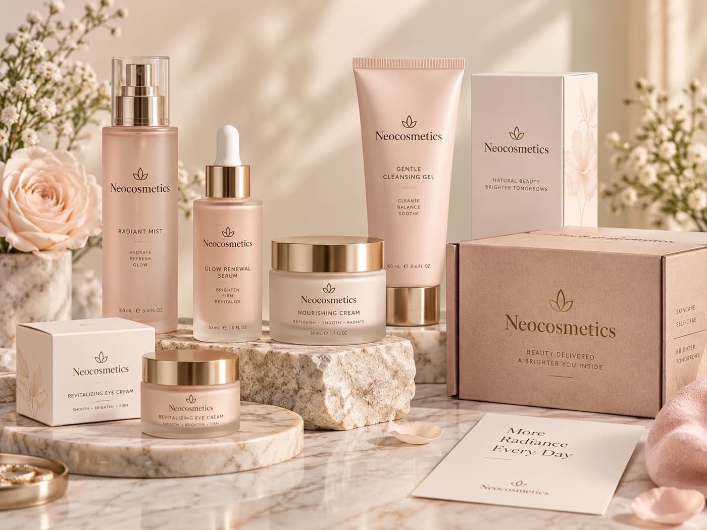 Private-label skincare range in branded packaging: a mist, a serum dropper, a nourishing cream jar, an eye cream, a cleansing gel tube and printed cartons.