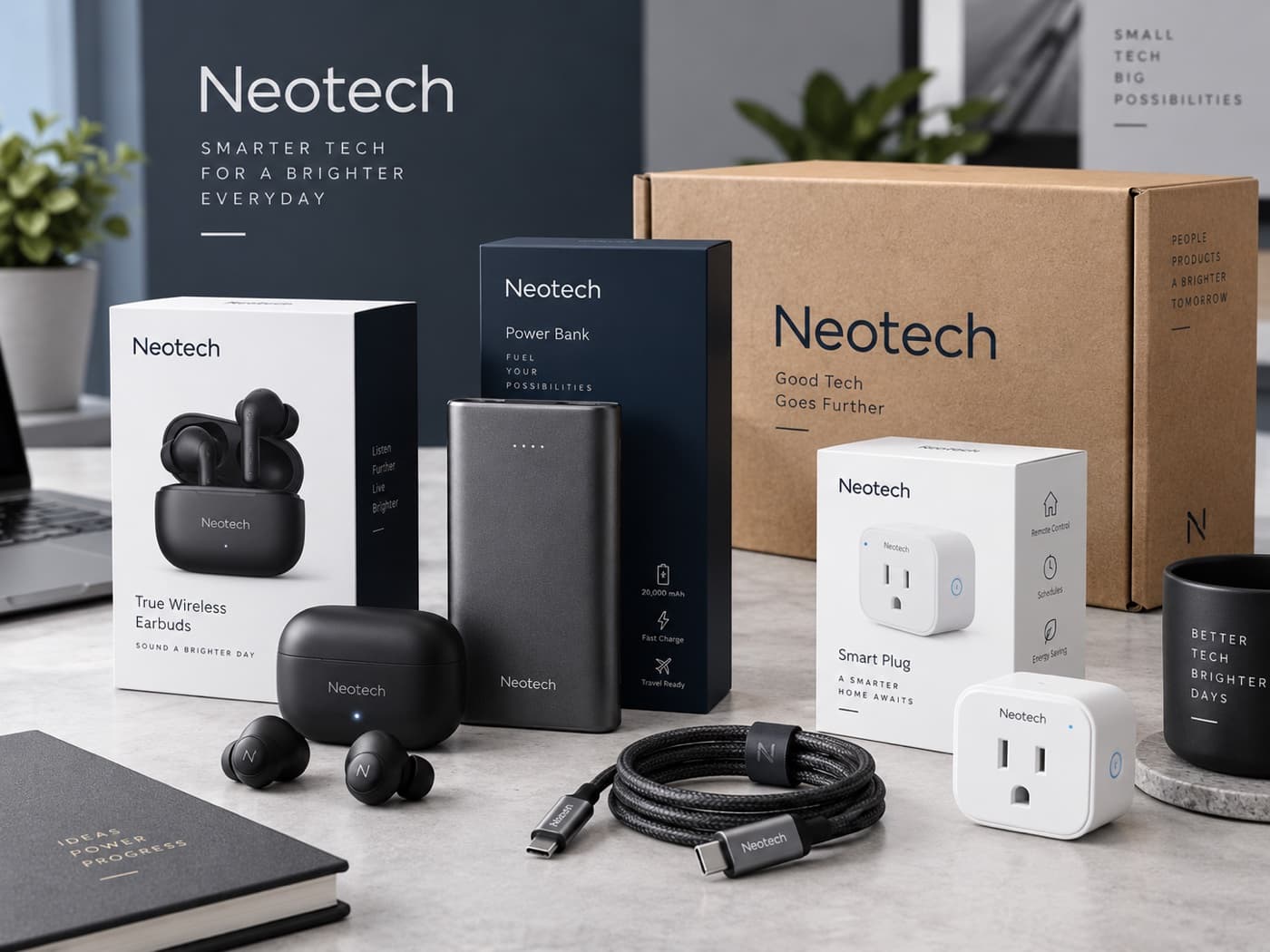 Consumer electronics in branded retail packaging: wireless earbuds, a power bank, a smart plug and a braided cable with a printed shipping carton.